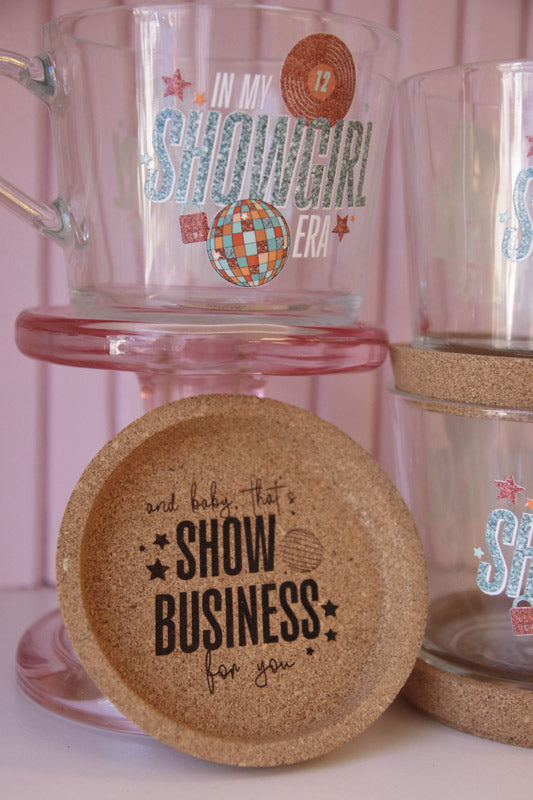 In My Showgirl Era Glass Mug with Handle and Cork Engraved Coaster
