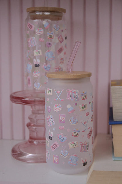 Hockey Romance Lover Glass with Bamboo Lid and Straw