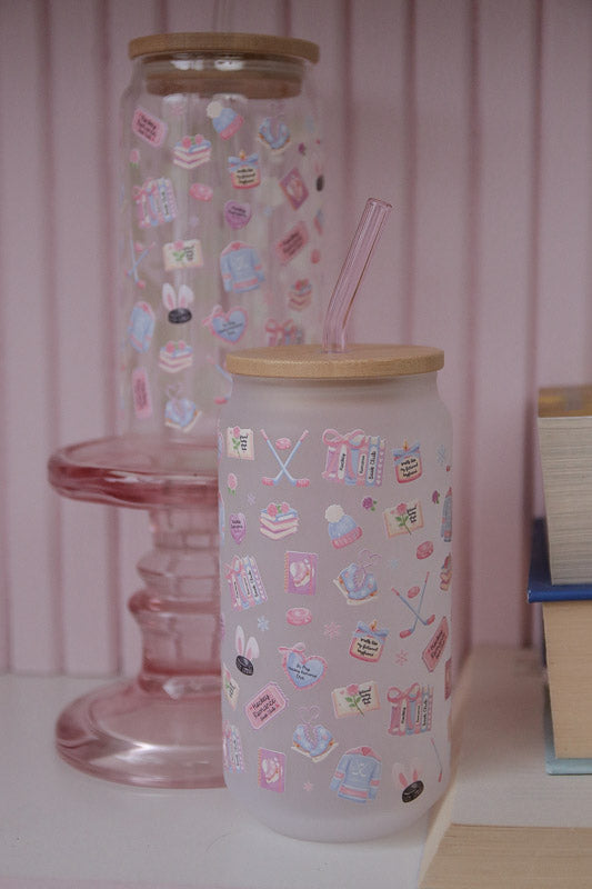 Hockey Romance Lover Glass with Bamboo Lid and Straw