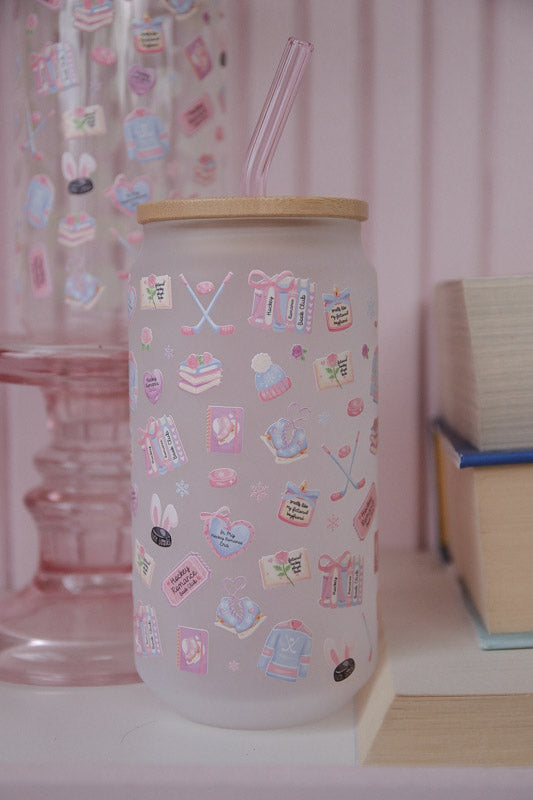 Hockey Romance Lover Glass with Bamboo Lid and Straw