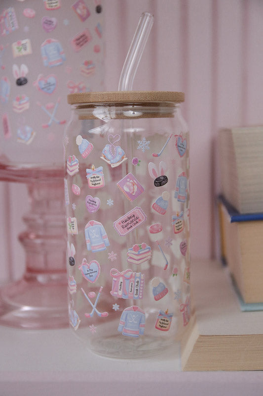 Hockey Romance Lover Glass with Bamboo Lid and Straw