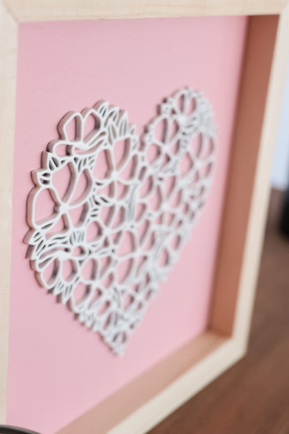Laser Cut Framed Heart Sign - Light Pink + White