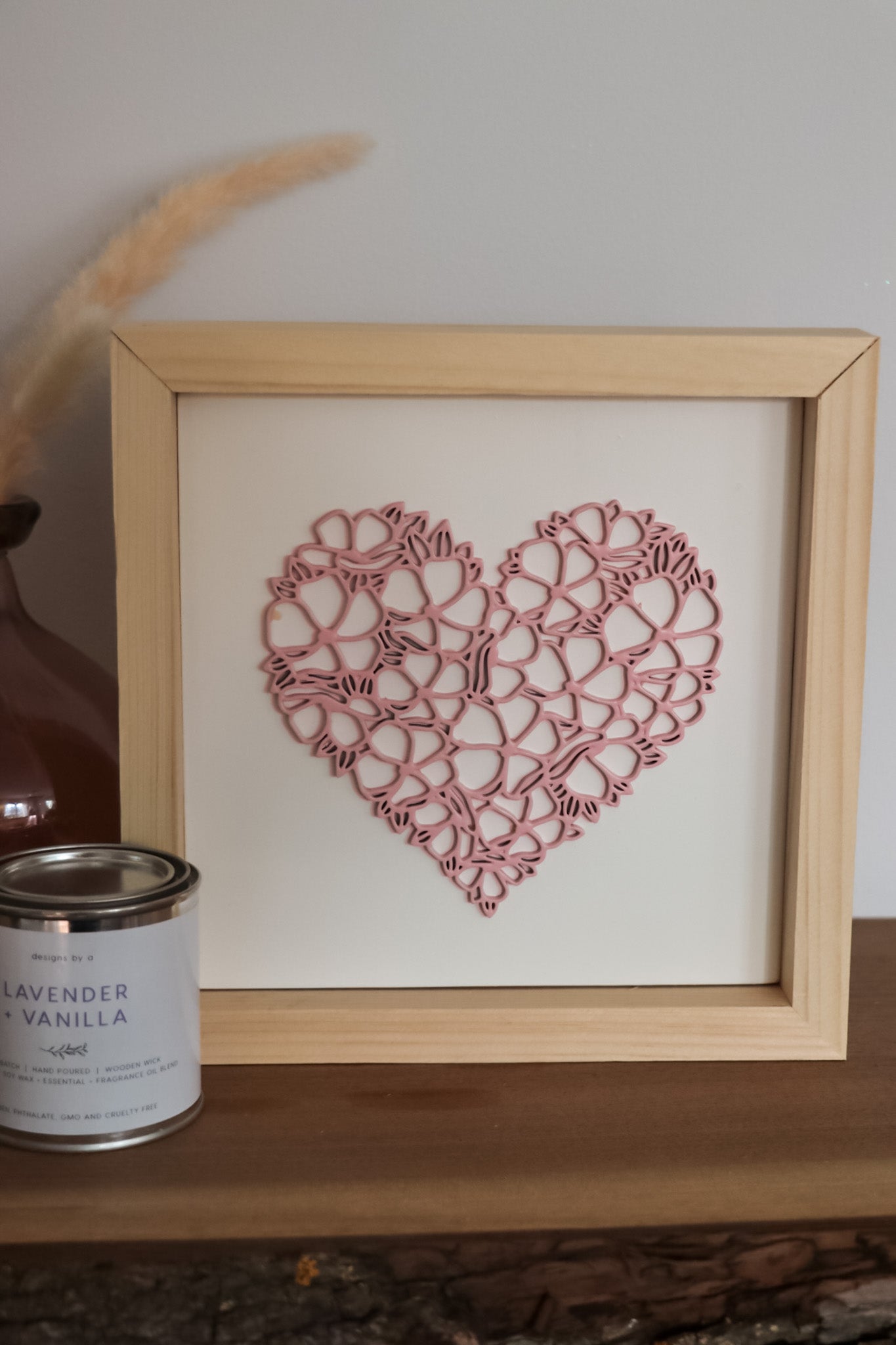 Laser Cut Framed Heart Sign - White with Pink
