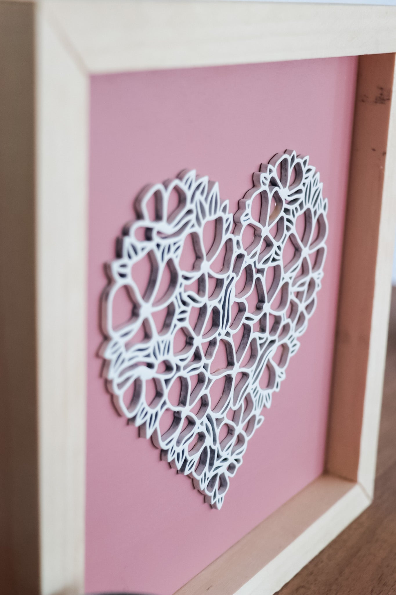 Laser Cut Framed Heart Sign - Mauve and White