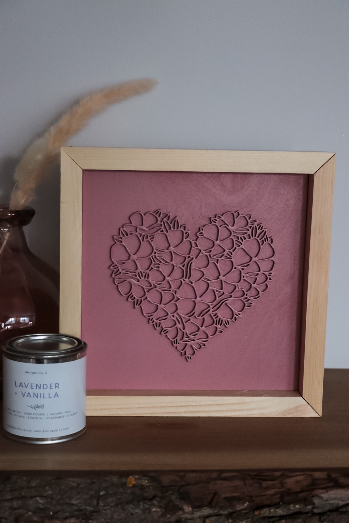 Laser Cut Framed Heart Sign - Mauve and Mauve
