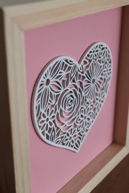 Laser Cut Framed Heart Sign - Light Pink and White