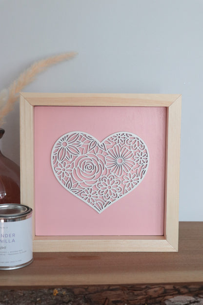 Laser Cut Framed Heart Sign - Light Pink and White