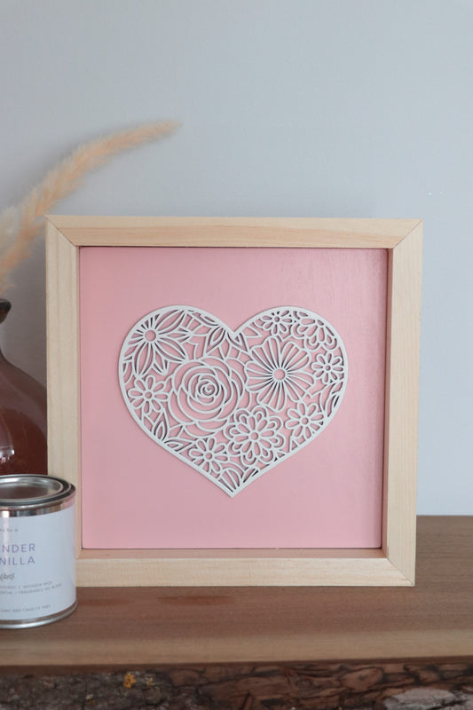 Laser Cut Framed Heart Sign - Light Pink and White