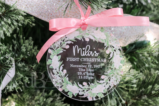 Floral Baby's First Christmas Ornament- UV Printed