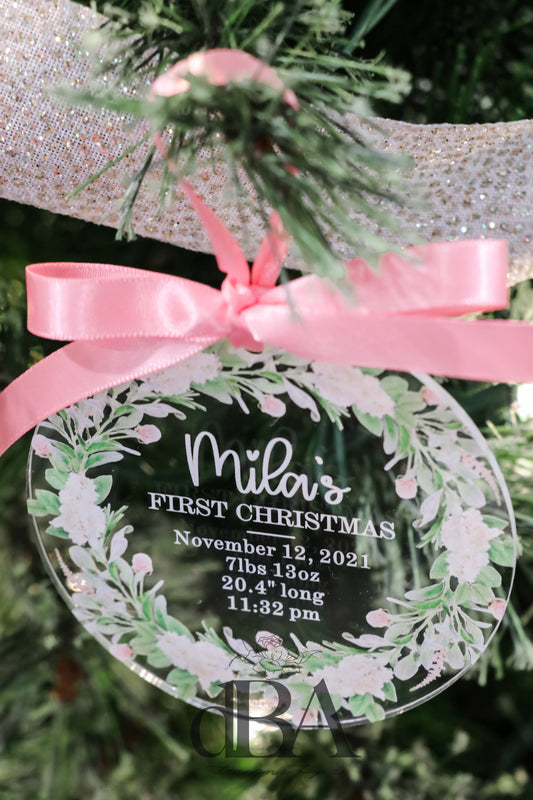 Floral Baby's First Christmas Ornament- UV Printed